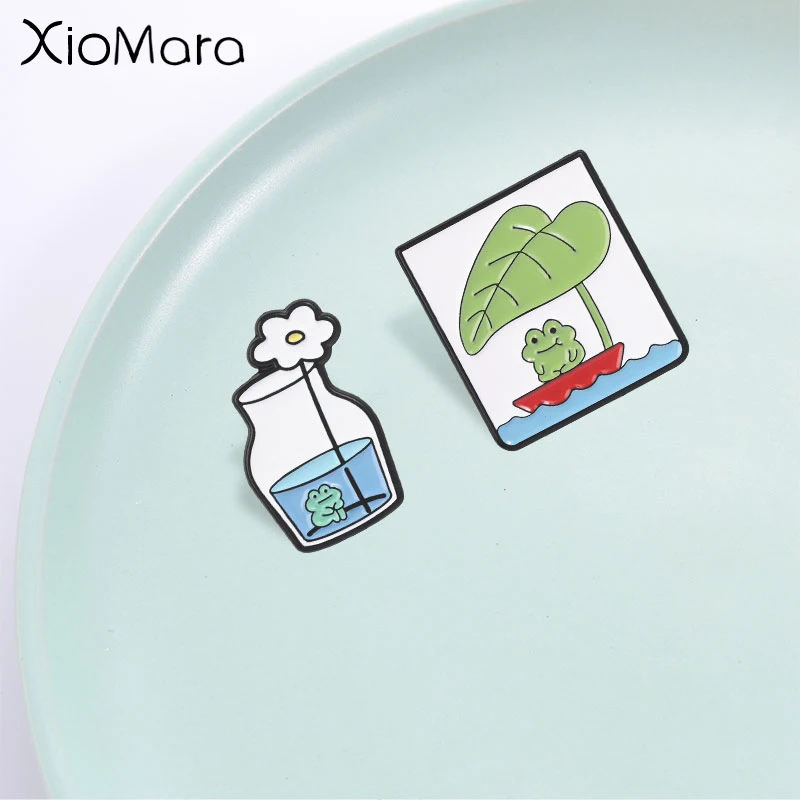 Cute Frog Enamel Pin, Cartoon Frog in Glass Vase and Frog on Boat, Fashion Accessory for Clothes Backpacks, Gift for Frog Lovers