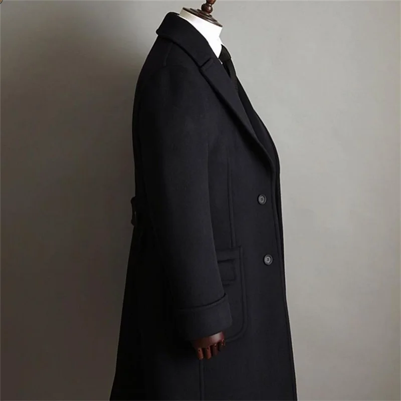 Thick Black Cashmere Men Overcoat Men Suit Wool Long Trench Coat Custom Made Costume Homme Formal Autumn Winter Outfit Jacket