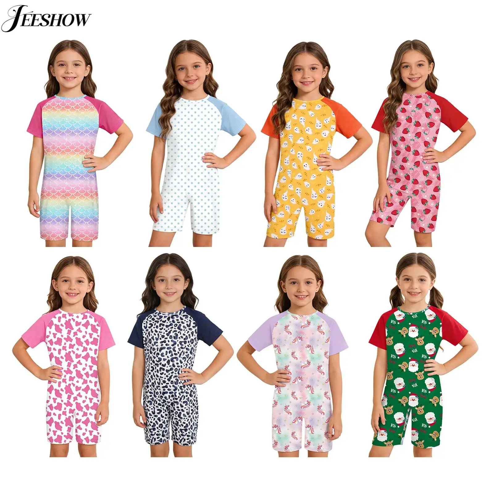 Adaptive Rompers for Boys Girls Printed Patchwork Anti-Strip Crew Neck Short Sleeve Back Zipper Jumpsuit One Piece Nightwear