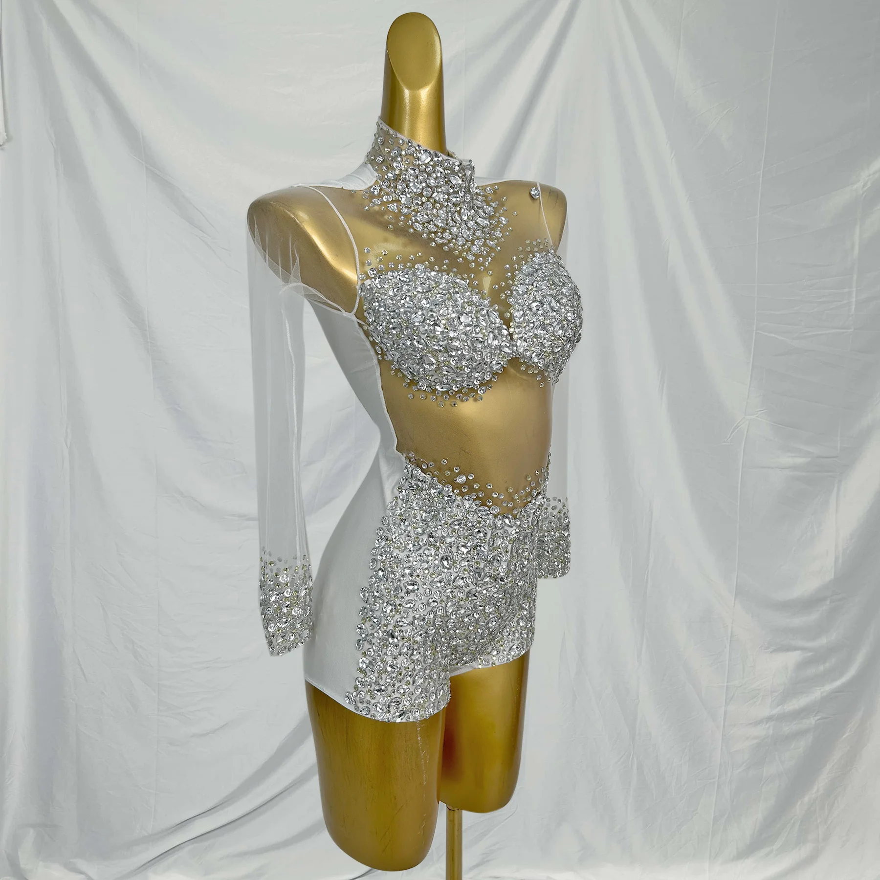 

Sexy Long Sleeves Night Club Party Rhinestone Playsuits Ladies One Piece Bodysuit Women Bodycon Jumpsuits Gogo Dancer Outfits