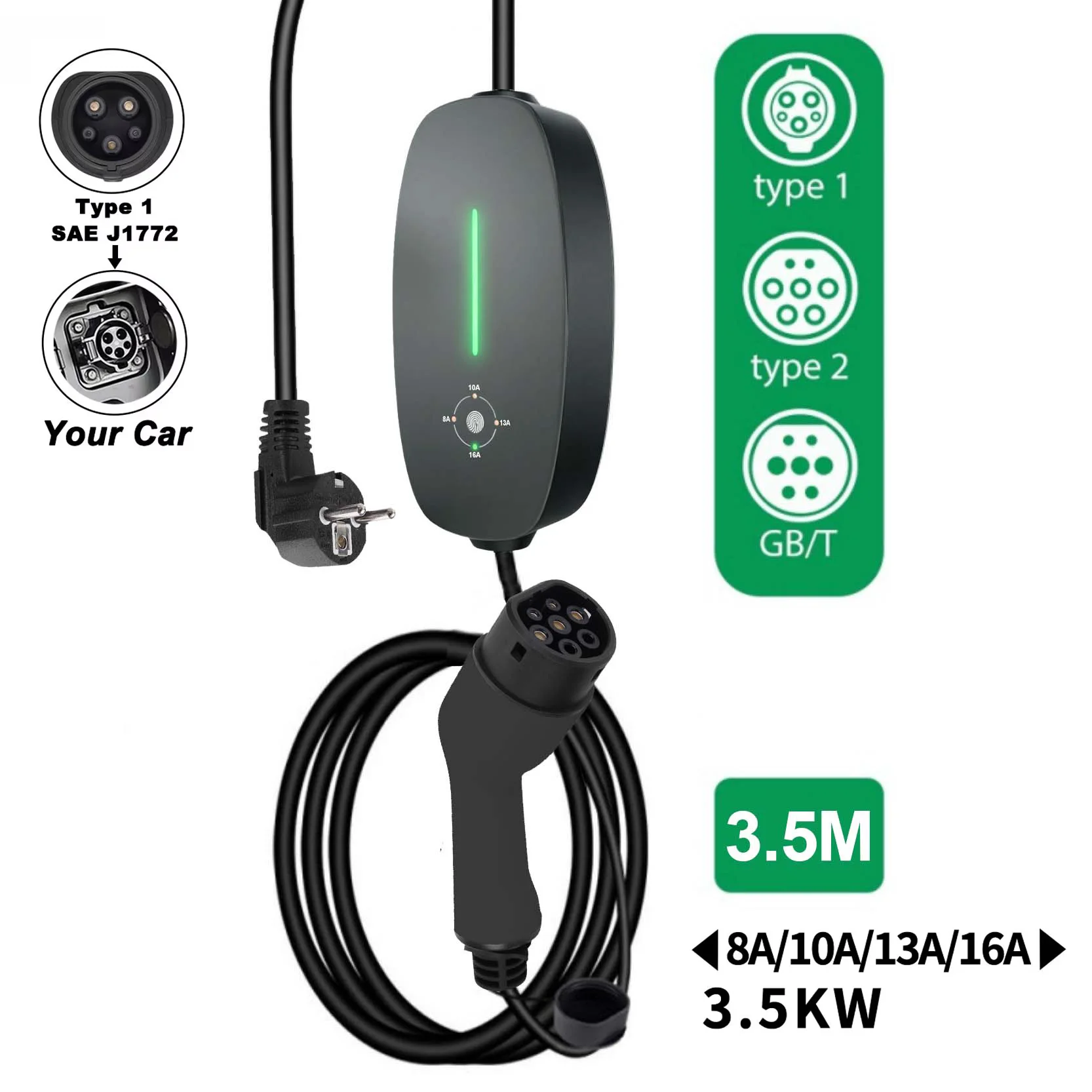Teschev draagbare EV-oplader Type2 IEC 62196 elektrische autolader 3,5 kW 16A 1 fase EVSE snel opladen Wallbox EV-laadstation