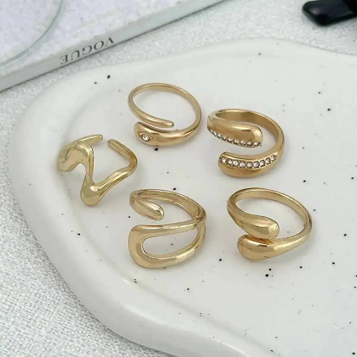 

PuRui Trendy 5 Pcs/Set Vintage Gold Color Water Drop Rhinestone Open Rings Creative Punk Irregular Knuckle Ring Wedding Jewelry