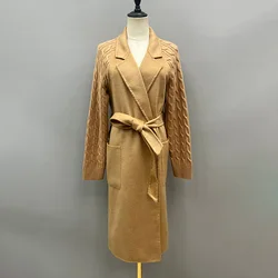 Women Handmade Coat Wool Long Woolen Coat With Belt Female Luxury Solid Color Knitted Sleeves Collar Overcoat BL6510