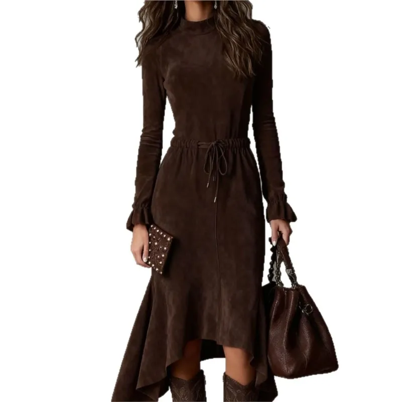 เดรสยาวทรงเข้ารูปแขนยาวสไตล์วินเทจสำหรับผู้หญิง แต่งซิป ทรงเมอร์เมด ชุดราตรีหรูหรา คอทรงโอ ผ่าข้าง