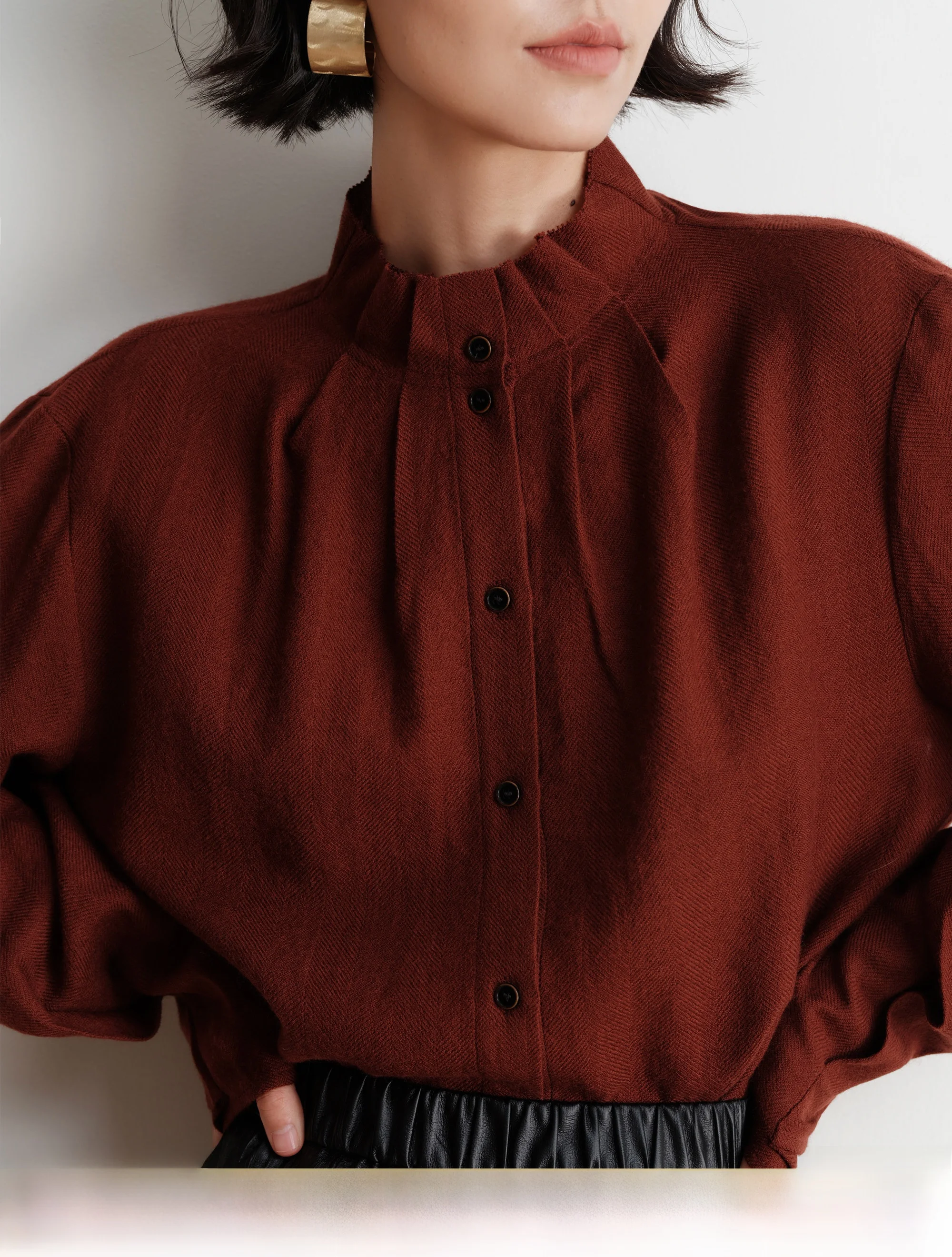 

Zhimai Rihuo Red Exotic 00% Wool Special Embroidered Pleated Dog Tooth Long Sve Women's irt Loose Fit OL Sle Commute ...