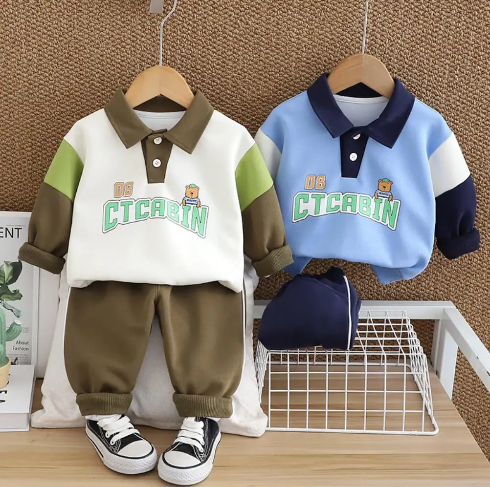 

Spring Autumn Kids Sets Baby Clothes Korean Style Cartoon Long Sleeved Bear Placket T-shirts And Pants Toddler Boys Jogging Suit