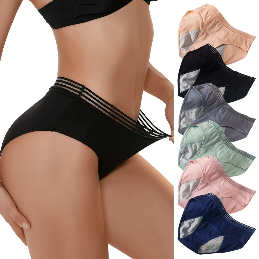 Women Period Panties Menstrual Underwear Hollow Lace Breathable Leak-proof Full Coverage Stretch Briefs Striped Skin Friendly