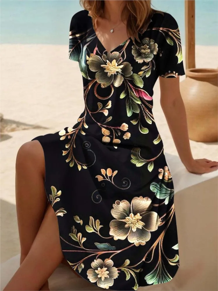 

Floral Print Dress For Women Fashion Short Sleeve V Neck Pullover Loose Dresses Robe Femme Boho Holiday Beach Skirts Clothes New