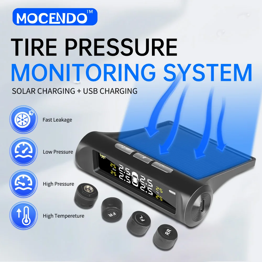 

Комплект из 4 датчиков TPMS для контроля давления в шинах автомобиля с ЖК-дисплеем, солнечной и USB-зарядкой для безопасности автомобиля