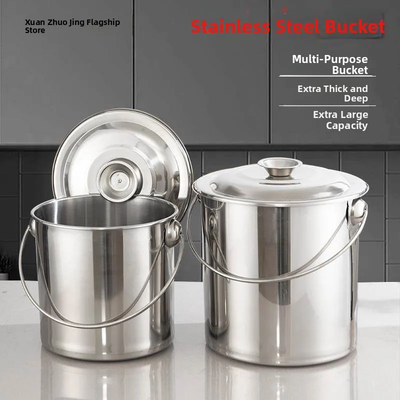 

Stainless Steel Handheld Water Bucket Oil Barrel Soup Barrel round Bucket Water Storage Home Use Kindergarten Covered Iron Bu...