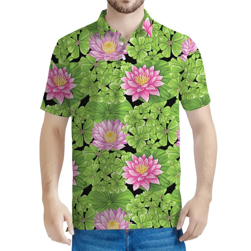 Lily Floral Pattern Polo Shirts For Men 3D Printed Lotus Flower Tee Shirt Casual Button T-Shirt Summer Lapel Short Sleeves