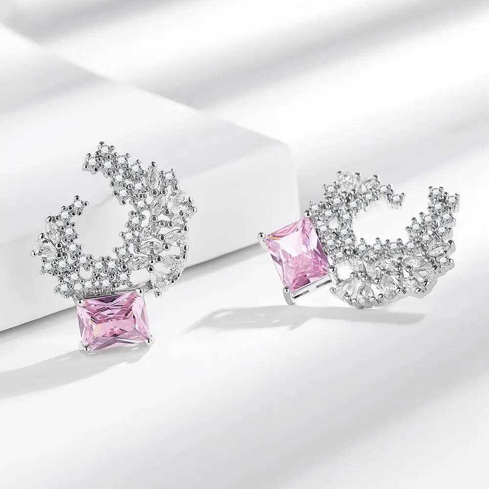 925 Sterling Silver Exaggerated Temperament Fashion Pink Zircon Earrings Birthday Party Anniversary Gift