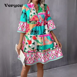 Elegant V Neck Ruffle Boho Mini Dress Women Casual Vintage Printed Beach Holiday Dresses For Women Vestidos