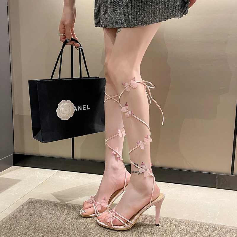 New Summer Fashion Women's High Heels Thin Heels Bow Tie Leg Lace  High Heels Outdoor Personality Pink Sexy Zapatillas De Mujer