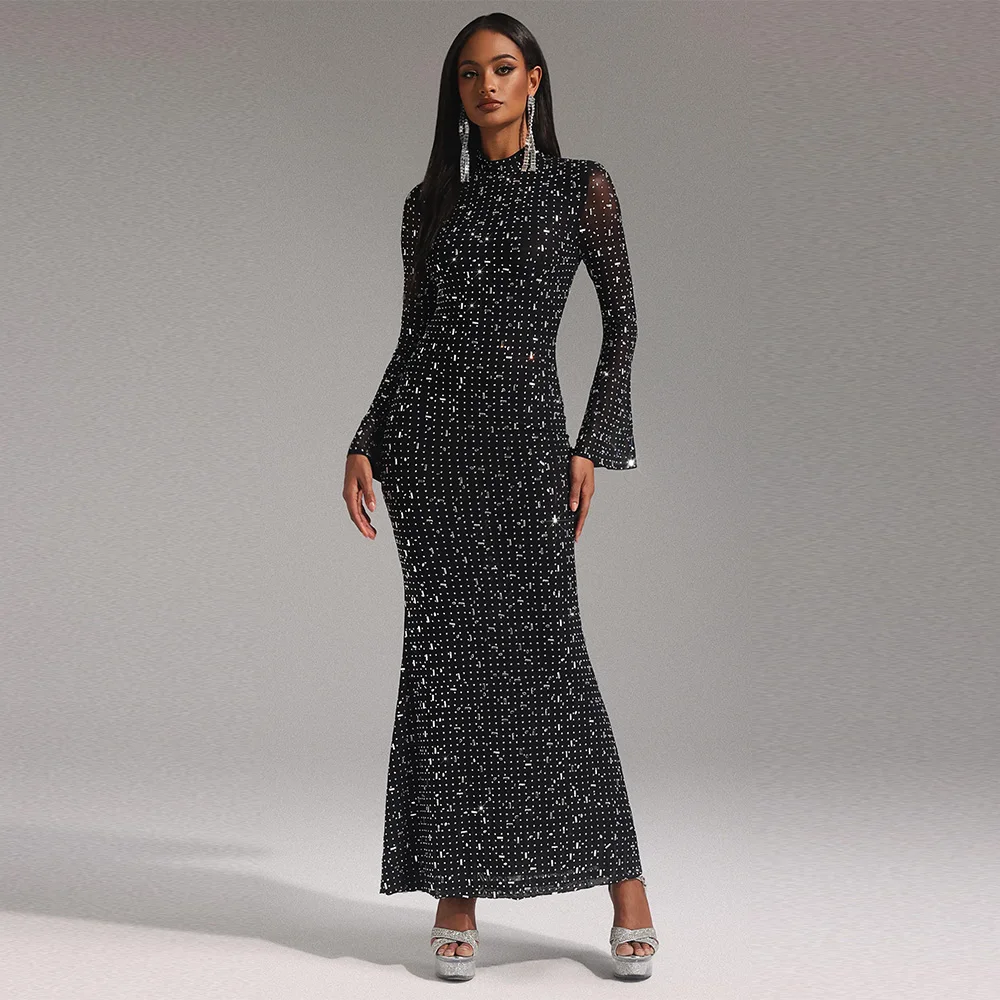 

Black Crew Neck Long Sleeves Evening Dress Customized Sparkly Crystal Mermaid Party Dress Ankle Length Bespoke Occasion Gowns
