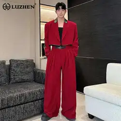 LUZHEN 남성용 캐주얼 짧은 재킷, 폴드 디자인, 헐렁한 스트레이트 팬츠, 2025 용수철 투피스 세트, LZ8408