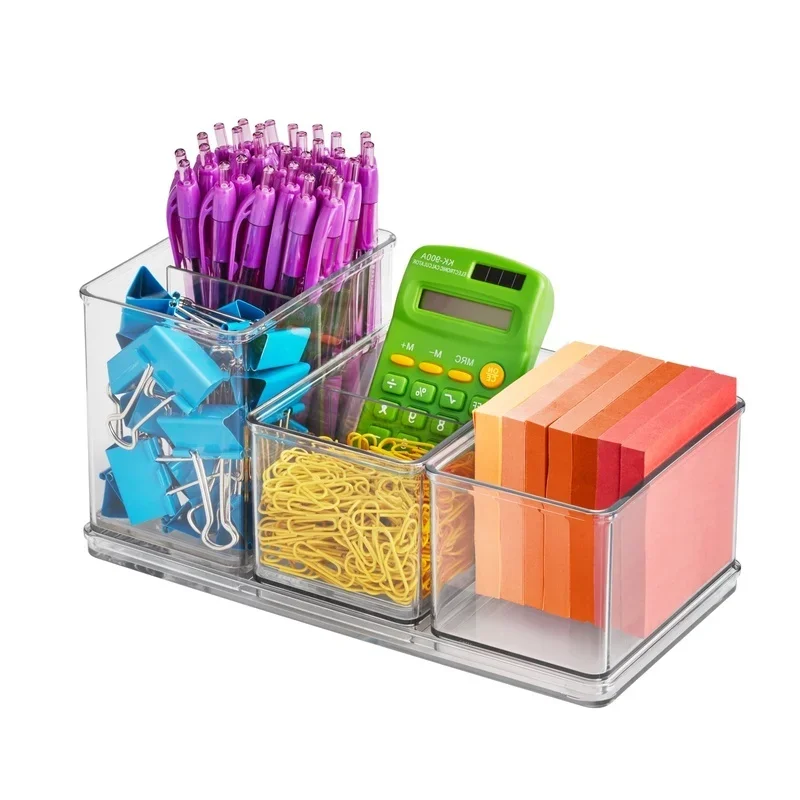 

4 Piece Office Desktop Organizer Storage System Clear Plastic Desk Accessories Modular Design Office Home School Use