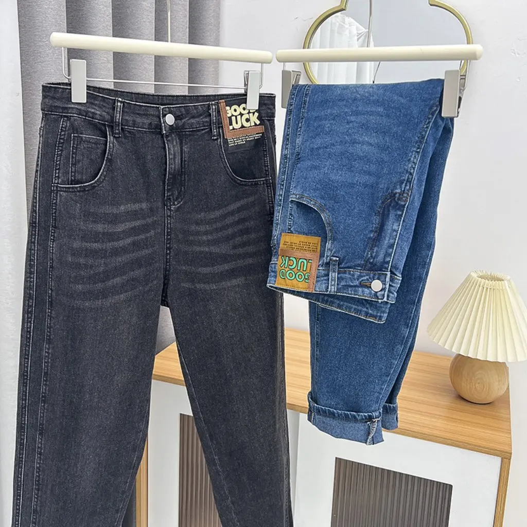 

Корейский стиль, эластичные джинсовые шаровары с высокой талией для полных женщин, большие размеры, утягивающие модные весенне-осенние джинсы для папы