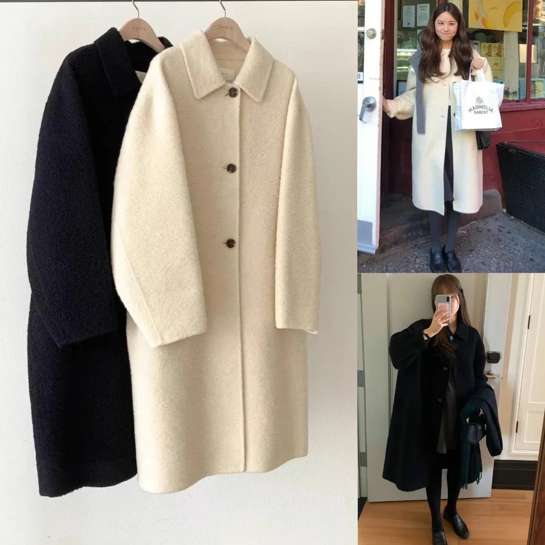 

Ounce2024 Winter mat Loose Pure Color Lapel Commuter Woolen Coat Ele Long Sve Long Coat Single Button Closure