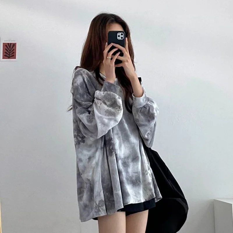 Long Sleeve Tie-dye T Shirts Female Autumn Top for Women High Quality Tees Xxl Korean Fashion Pulovers Glitter Grunge O Clothes