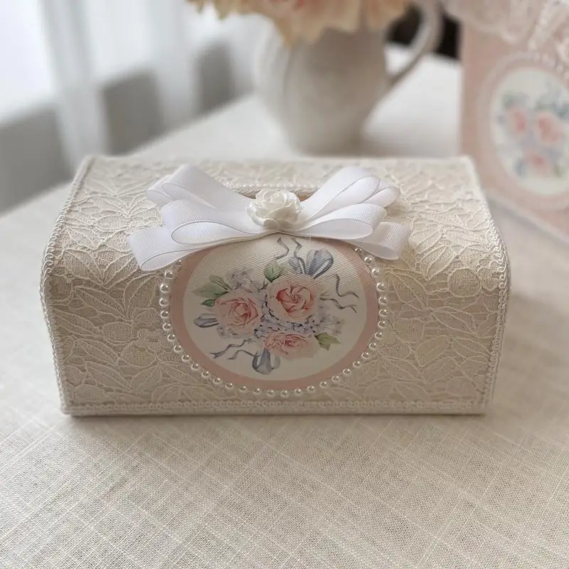

2026 Vintage Embroidered Lace Tissue Box - French American Korean Fabric Craft & Pearl Dispenser, Premium Handmade Decor