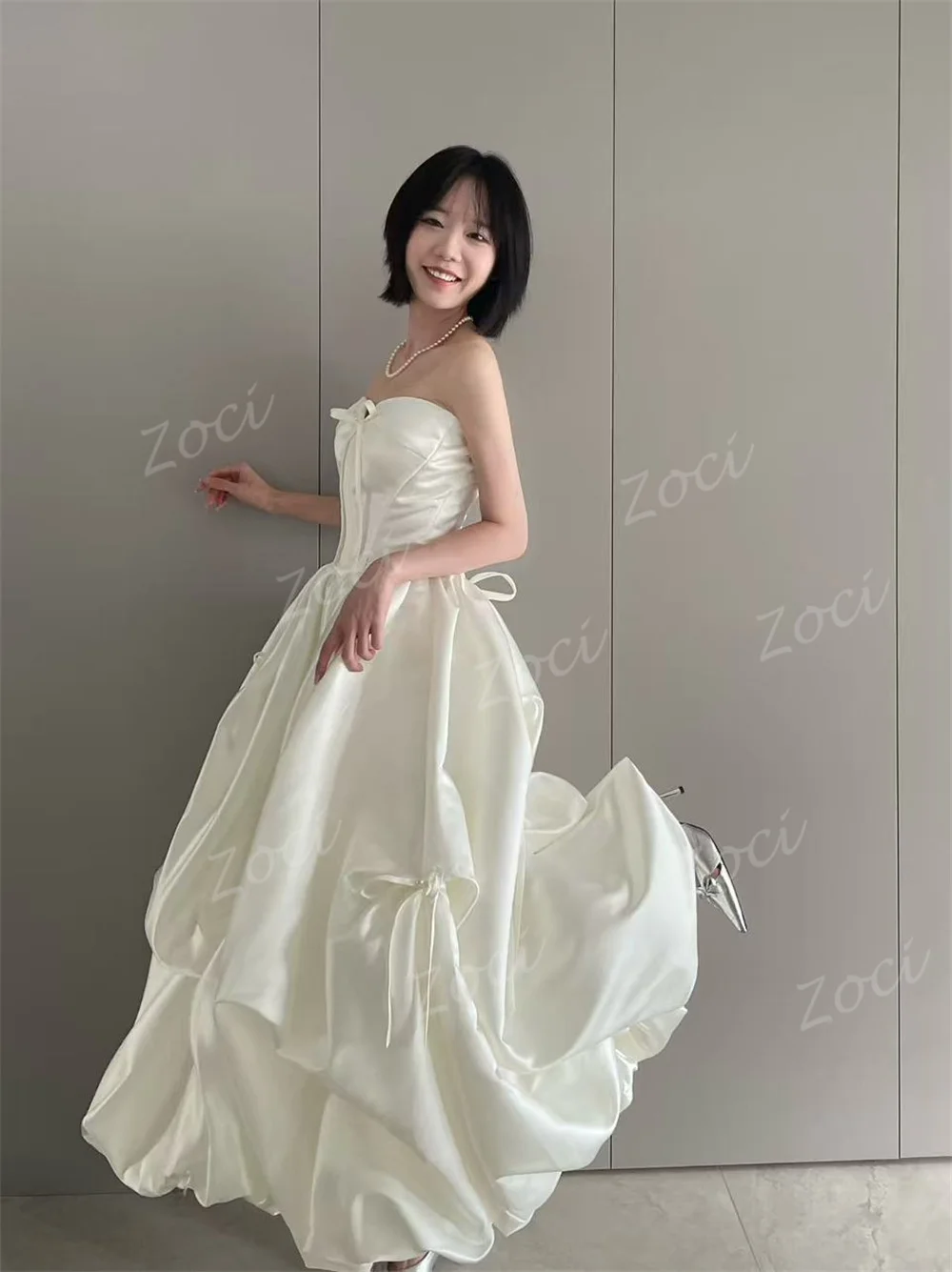 Zoci Customized Sweetheart Korea Wedding Dresses Photos Shoot Satin Ribbons Women Party Evening Dress Corset A Line Wedding Gown