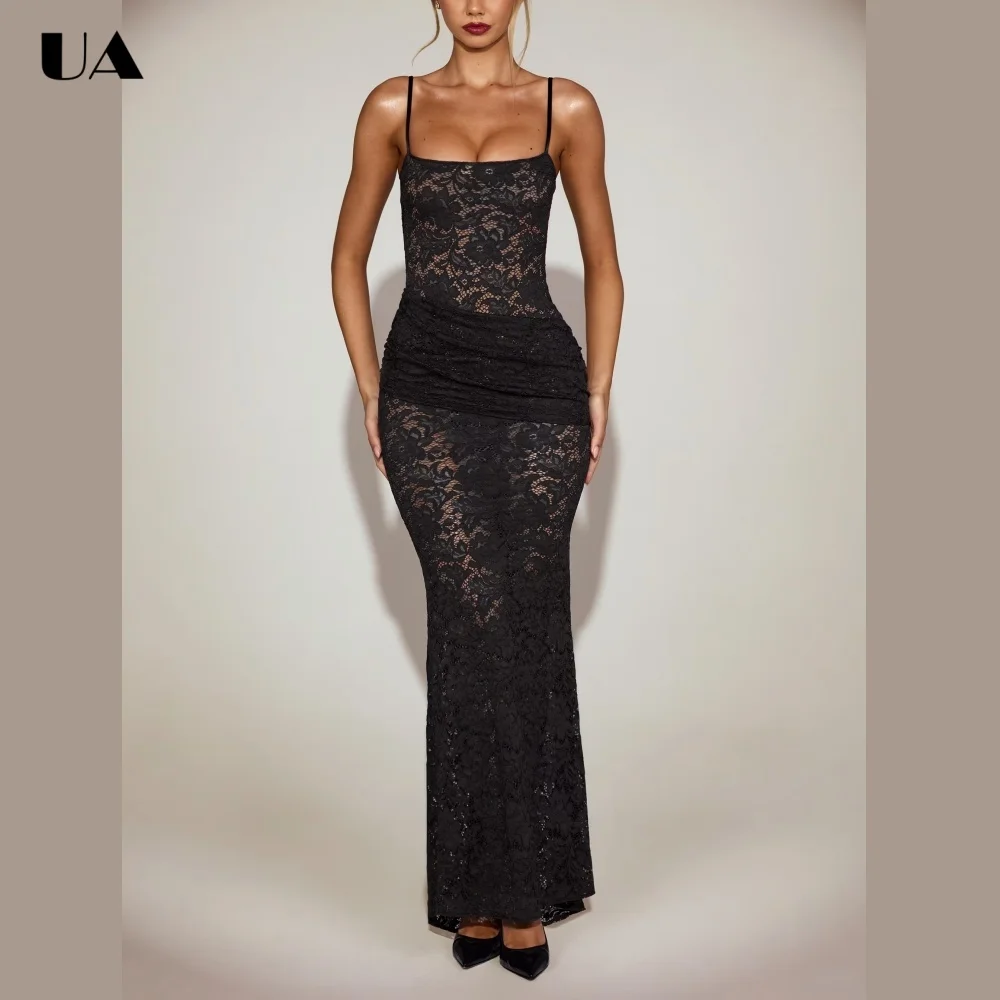 ULBYANRY Glamarous Lacec Mermaid Prom Dress Sexy Slim Fit Draped Evening Dress Customized Spaghetti Strap Wedding Guest Dress