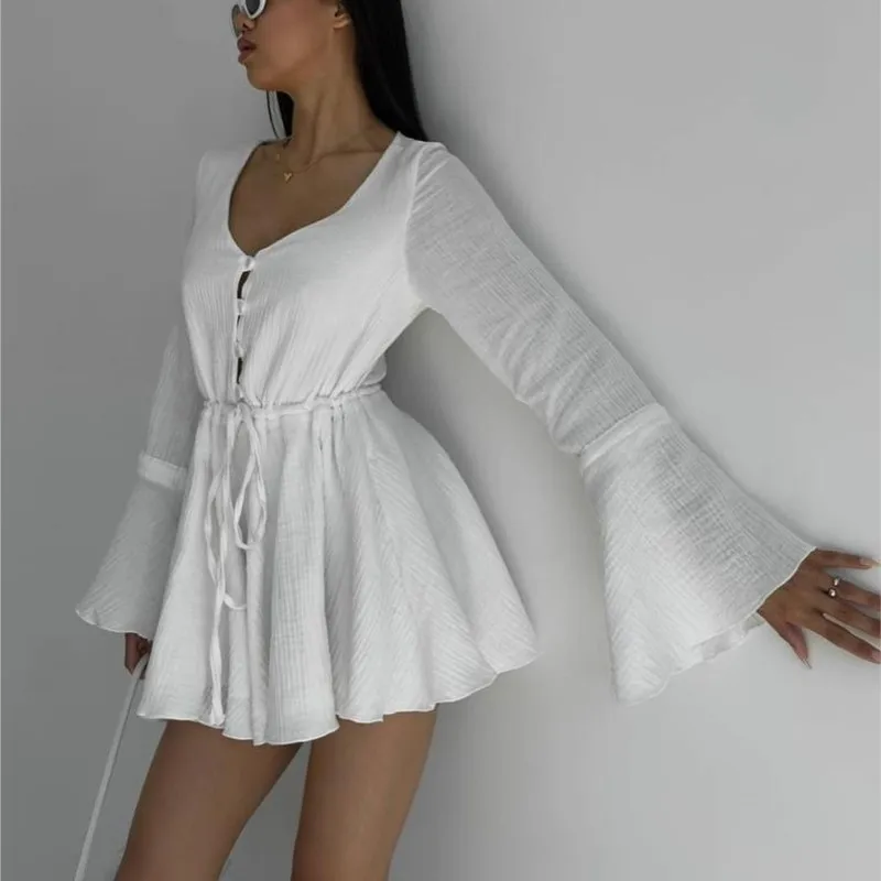 Women's Butter Yellow A-line Slim Shorts Jumpsuits Chic Long Flare Sleeve Drawstring Tie High Waist Outfits Lady Chic Streetwear