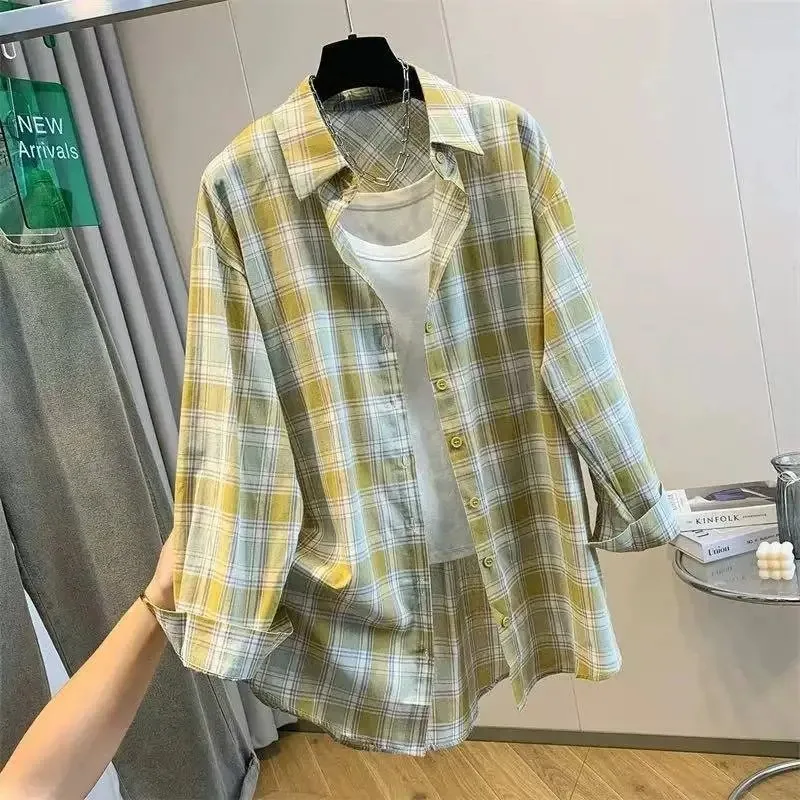 

Women's Yellow Green Plaid Oversized Shirt Long Sleeve Button Down Casual Blouse with Rolled Cuffs