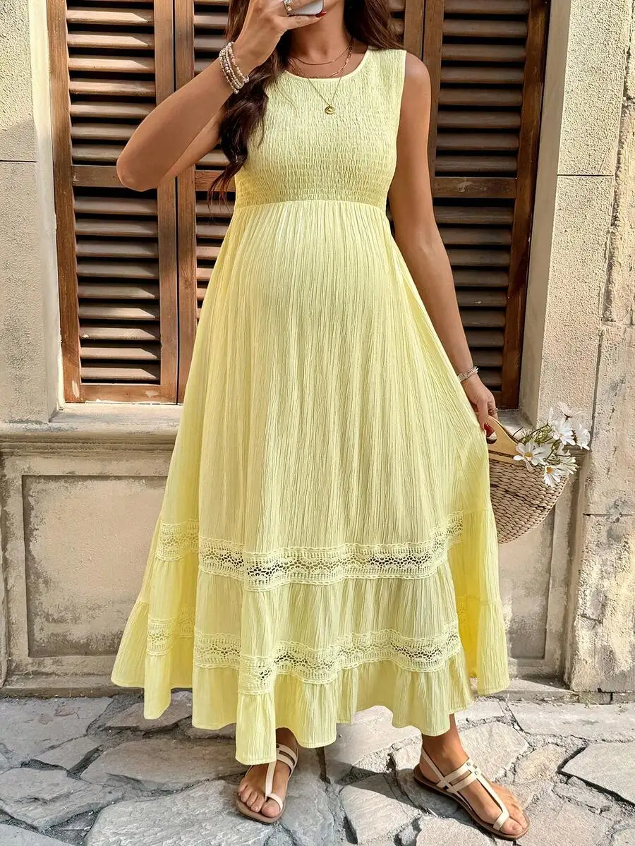 Yellow Sleeveless Lace Ruffle Maxi Dress Women Summer Casual Beach Sundress