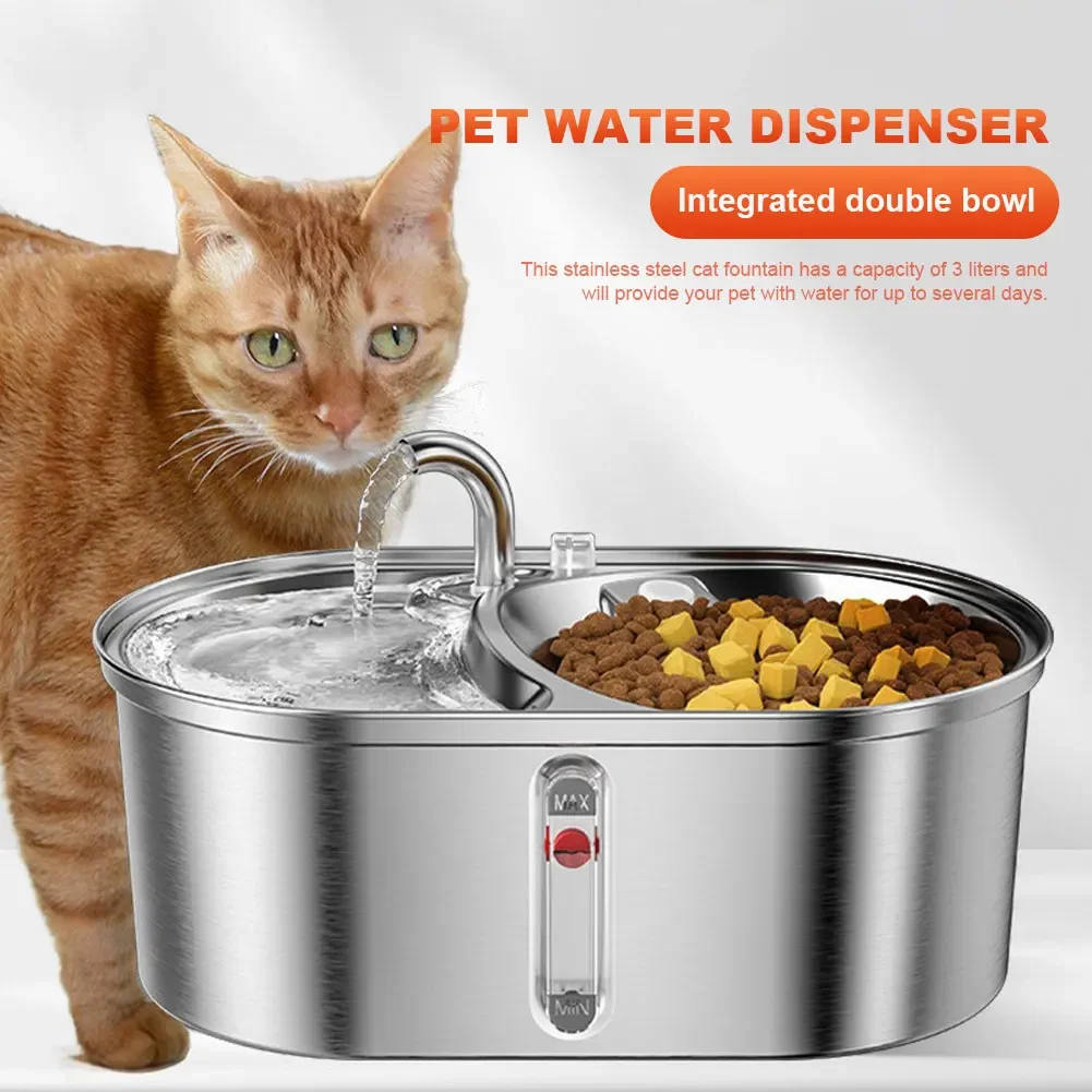 Automatic Cat Feeder and Water Fountain 2 in1 Pet Food Dish & Drinking Bowl Combo, Stainless Steel, for Cats and Small Dogs