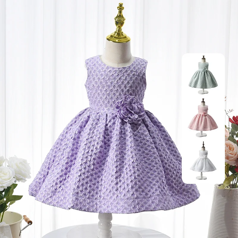 

2024 NEW Sweet Solid Plaid Flower Bowknot Sleeveless Baby Dress One-piece Kids Evening Birthday Party Outfit For Girls dress