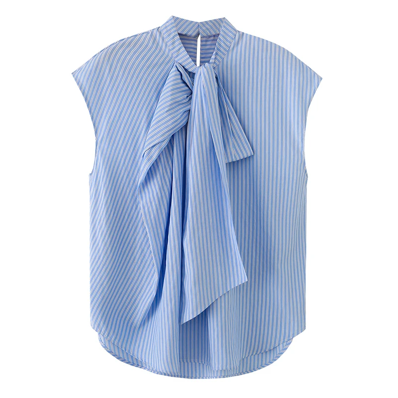 2026 New Women's Shirts Summer Fashion Striped Blouse Elegant Scarf Collar Office Women's Blouse Street Chic Young Tops