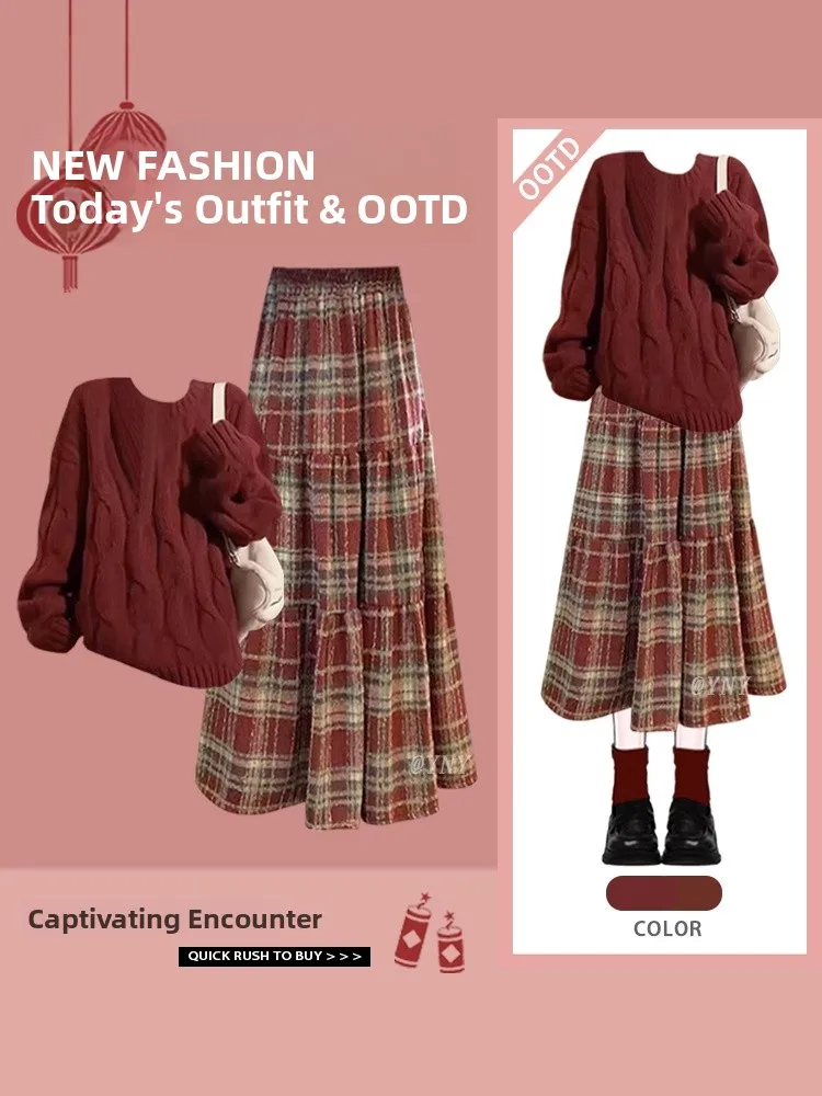 

Красный свитер и юбка для колледжа, осенне-зимний комплект, женская модная клетчатая юбка, новогодний наряд для маленьких девочек