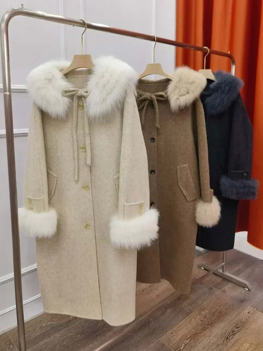 2024 خريف شتاء جديد معطف الصوف الفراء طويل دافئ واحد زر سترة الكشمير معطف الصوف المرأة الطبيعية الثعلب الفراء سترة الإناث