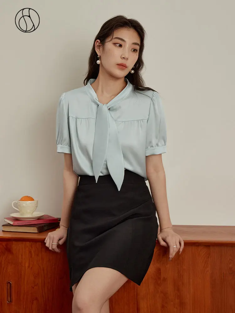 

DUSHU French Stand-up Collar Tie Short-sleeved Shirt for Women Summer New Office Lady Necessary Thin Light Shirt Top Female