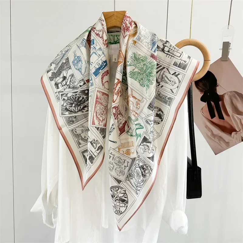 90x90cm Vintage Global Stamp Square Scarf 100% MULBERRY SILK Women Retro Art Print Shawl Neckerchief Multi Use Fashion Accessory