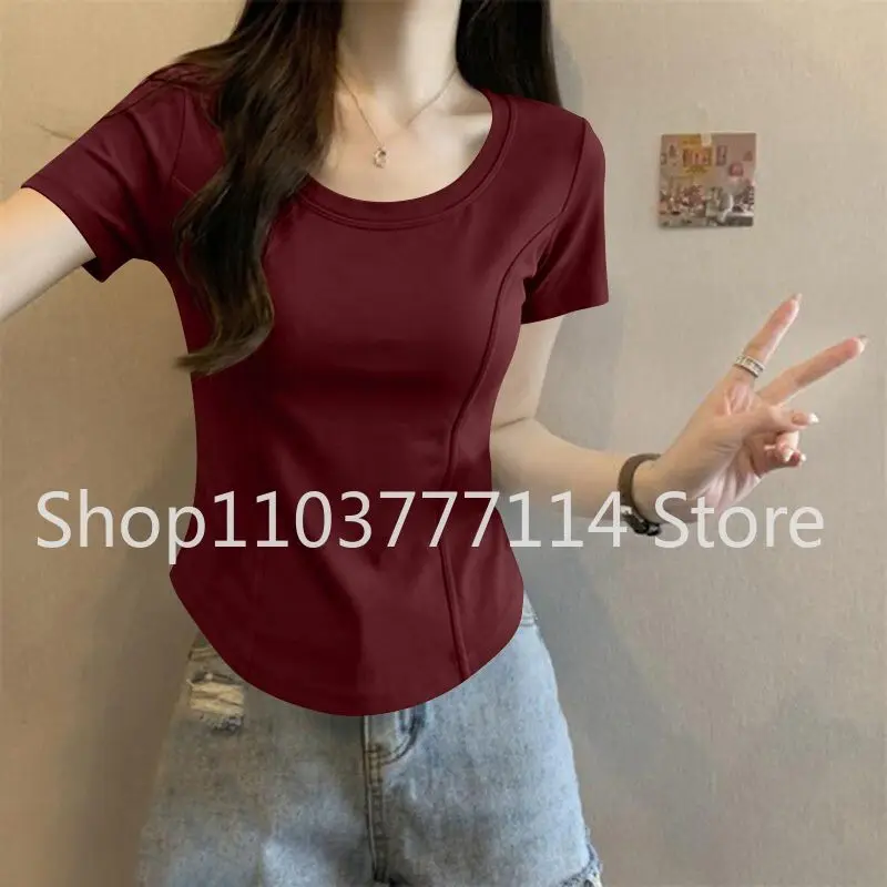Damen Sommer Kurzarm-Oberteil für Mode Vielseitiges Basis-Shirt Slim Fit Einfarbig Rundhals T-Shirt Lässige und Sexy Kleidung – Detail 6