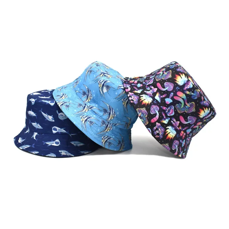 2022 New Mushroom Printing Bucket Hats Female European and American Men Double-sided Sunscreen Sun Hat Reversible Basin Hat