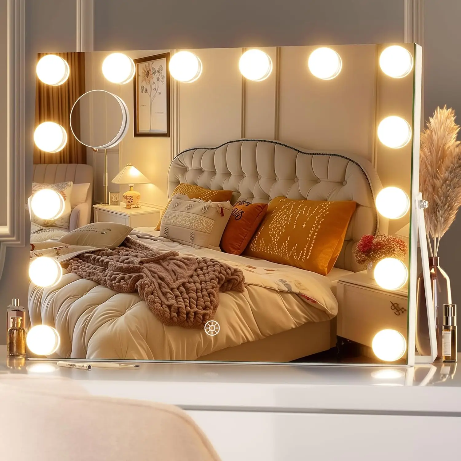 

Зеркало для макияжа Hollywood Vanity Mirror 17,7 дюйма с 14 регулируемыми светильниками, 10-кратным увеличением, 3 цветовыми режимами, сенсорным управлением и поворотом на 360° ° Вращение