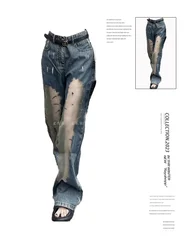 Women Mesh Patchwork Y2k Jeans Harajuku Oversize Denim Trousers Y2k Jean Pants Vintage Japanese 2000s Style Trashy Clothes 2024