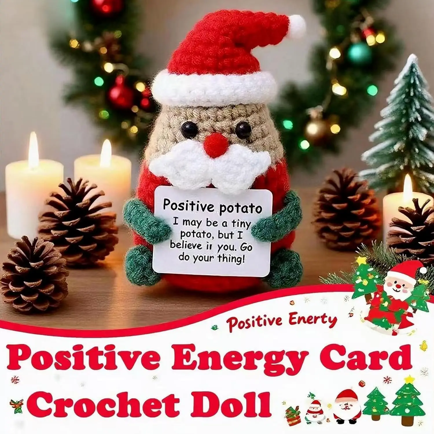 دمية كروشيه إيجابية لطيفة لعيد الميلاد مع بطاقة شجرة عيد الميلاد، سانتا المبهجة، غزال إيجابي ورجل ثلج، هدية عيد الميلاد المضحكة