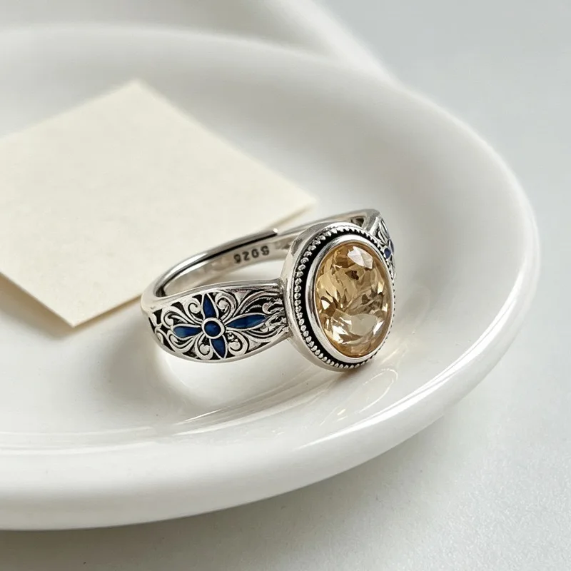 BF CLUB 925 Sterling Silber Ring für Damen, Schmuck im Retro-Stil mit orangefarbenem Stein, offener Vintage-Handgefertigter Ring, allergiefrei, für Party, Geburtstagsgeschenk – Detail 3