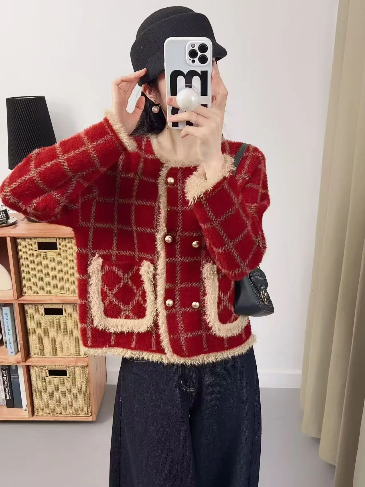 

Red Plaid Outerwear Women's Faionable Small Fraance Sle Autumn New Arrival High-End Feelings Top Trendy Knitted Sweater