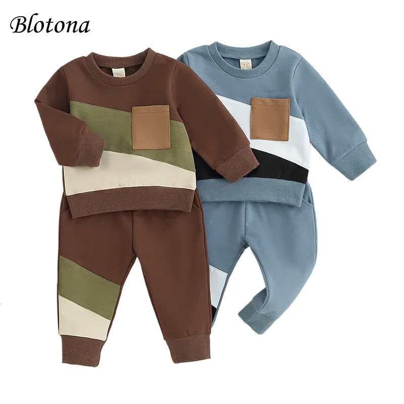 

Blotona Baby Boy 2 Piece Outfits Contrast Color Long Sleeve Sweatshirt Pullovers and Elastic Pants for Toddler Fall Tracksuit