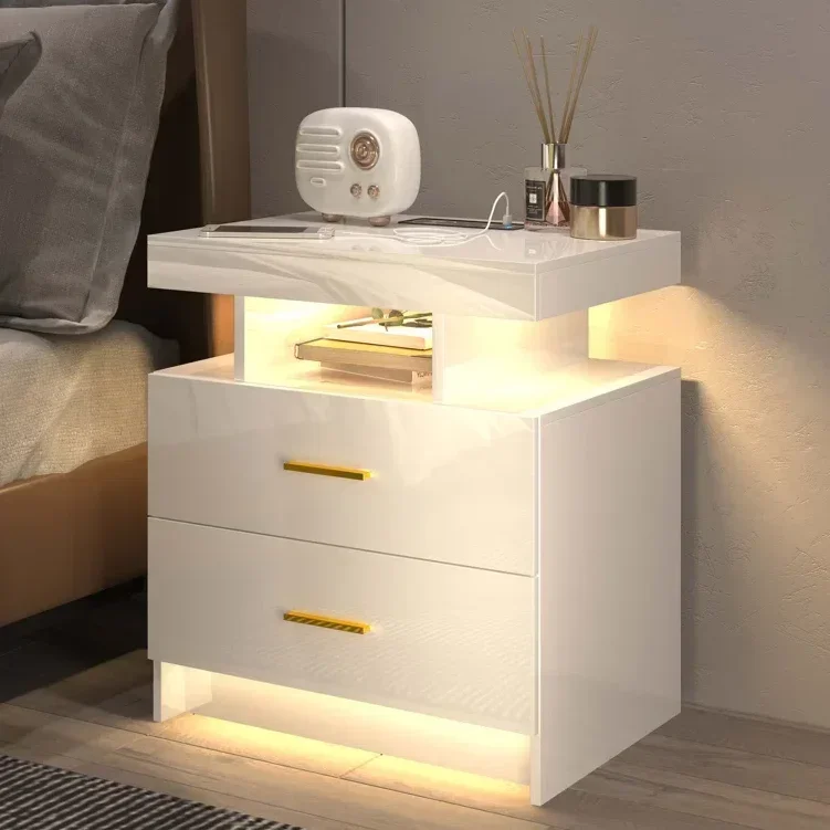 

# Two Drawer Nightstand With LED Light And Wired And Wireless Charging Station Night Stand Bedside Table Bedroom Furniture #