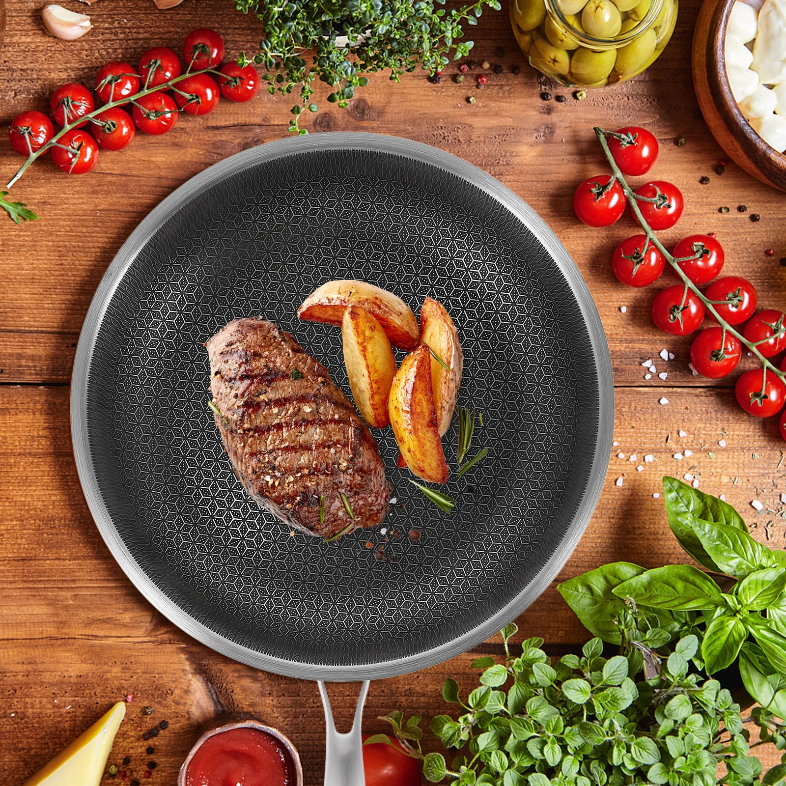 

Stainless Steel Honeycomb Frying Pan Non-Sticky Cooking Pot Portable Kitchen Wok Pan for Gas Stove Bbq Steak Vegetable Meat