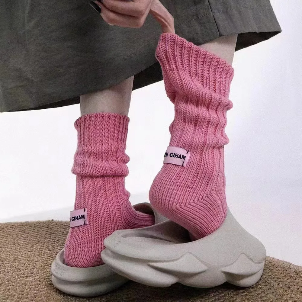 Korean Needle Thick Thread Knitted Middle Tube Socks Cotton Japanese Pink Label Couples SolidColor Socks Mid-tube Warm Home Sock