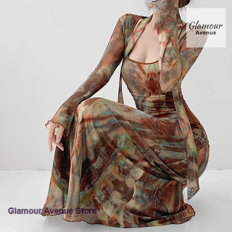 

French-style fashion halo-dyed gauze printed ribbon dress women's spring and summer pleated waist slim lantern sleeve dress