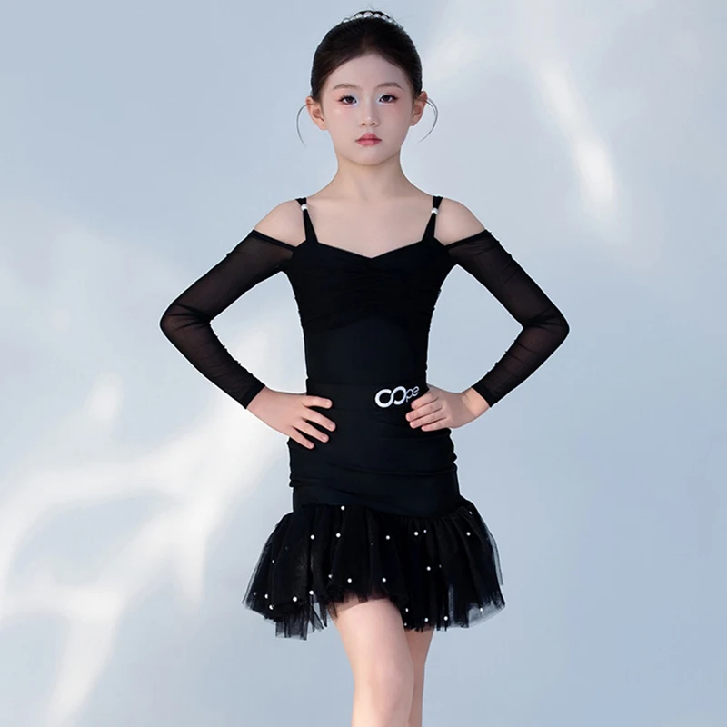 بدلة رقص لاتينية مكشوفة الأكتاف للفتيات ملابس أداء سوداء بأكمام طويلة تنورة شبكية للأطفال ملابس رقص لاتينية 2570